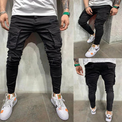 Fashion Streetwear Ripped Skinny Jeans Men Side Mulit Pockets Denim Cargo Pants