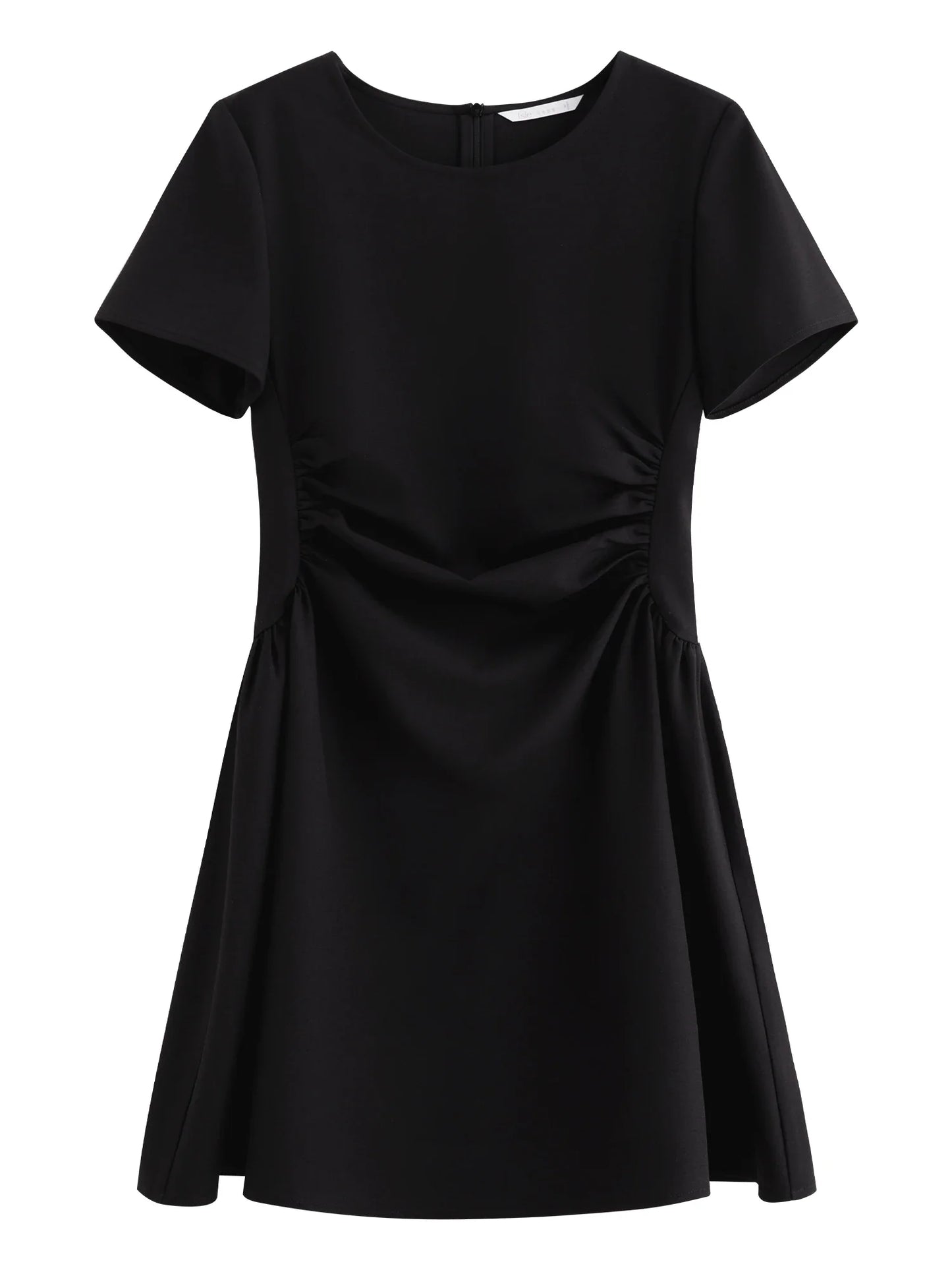 FSLE 2026 Summer Women's Black Midi Dress, Crew Neck Short Sleeve Waist-Cinching Slim Fit Black Dress for Chic Minimalist Style