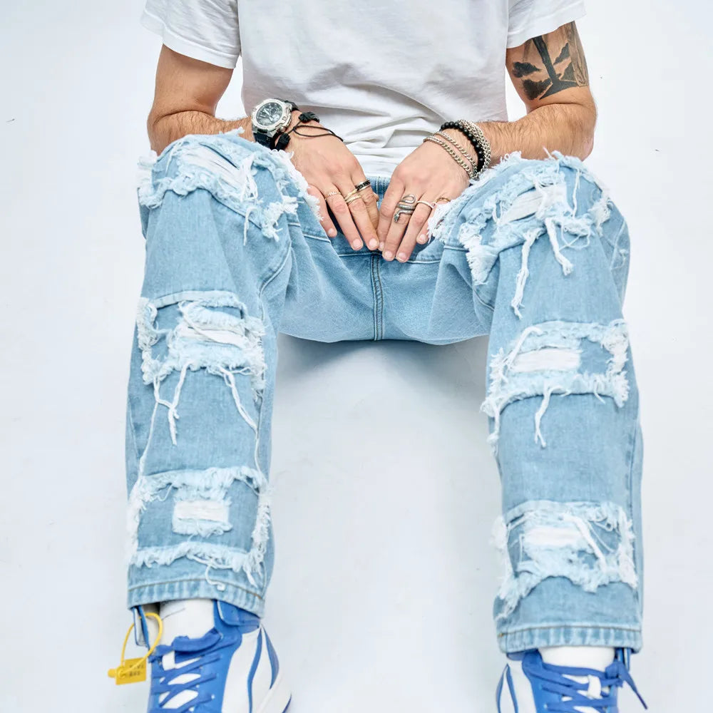 Men Ripped Patch Hip Hop Loose Jeans Pants Streetwear