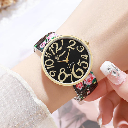 1/2/3/4PCS Fashion Flowers Printed Women Watch Luxury Elastic Strap Arabic Quartz Watches Reloj Mujer Girls Clock(Without Box)