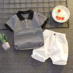 Summer Boys Sets Baby Thin Suit Children Lapel Striped Top Solid Shorts Two-Piece New Baby Fashion Casual Outfit 12M-5 Years Old