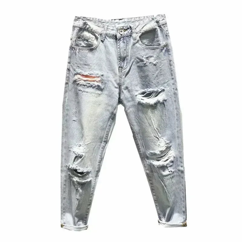 Men's Jeans with Holes Man Cowboy Pants Cropped Harem Hip Hop Trousers
