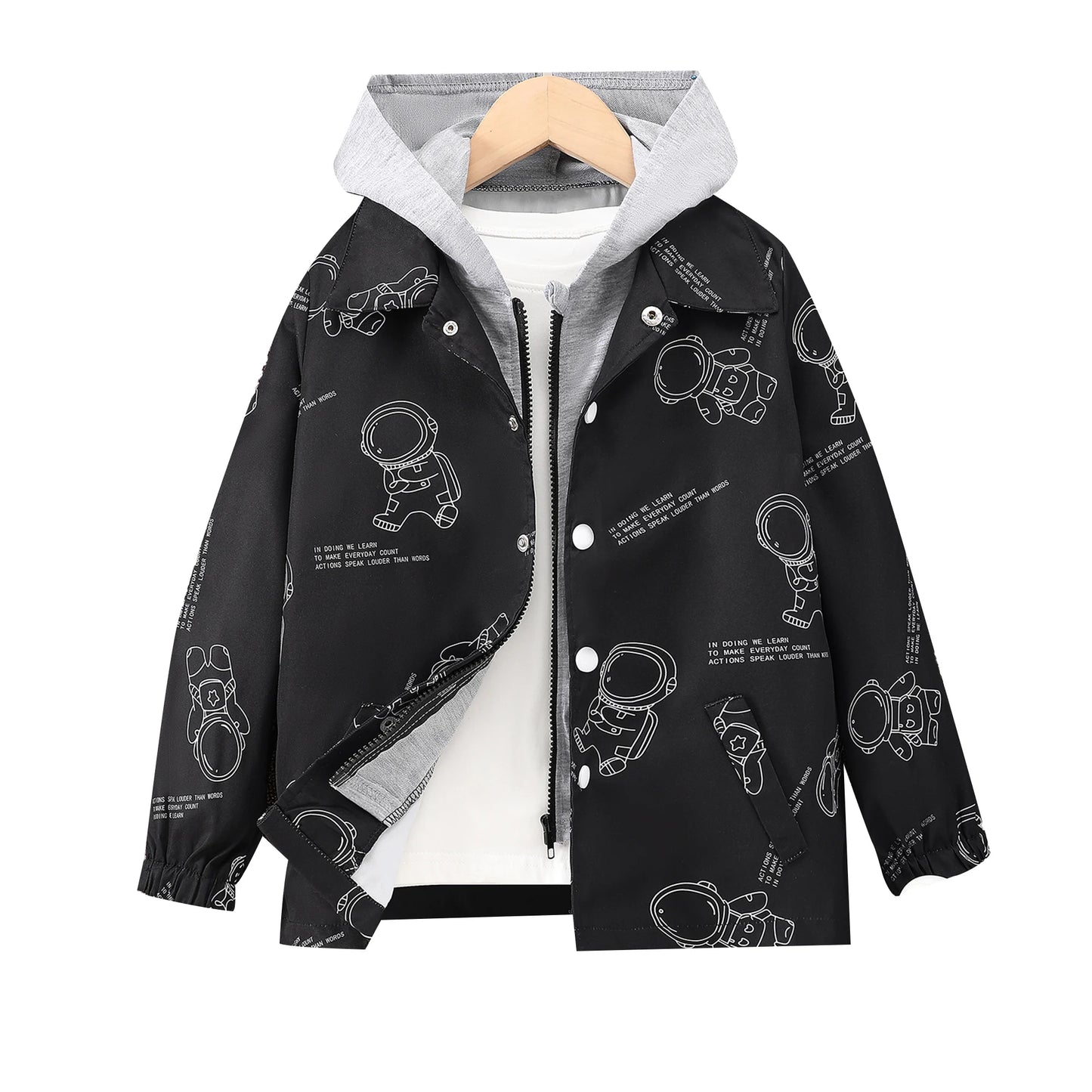 2023 Autumn Winter Big Boy Long Sleeve Zipper Hooded Astronaut Print Coat Fashion Comfortable Children's Top 8 9 10 11 12 Years
