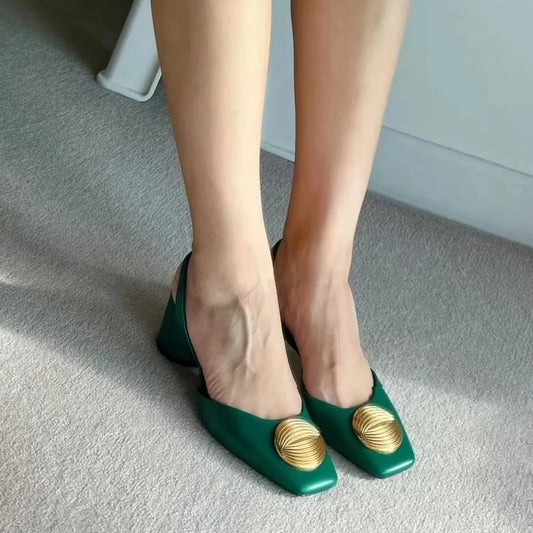 Green High Heels For Women Fashion Squared Toe Leather Slingbacks Pumps