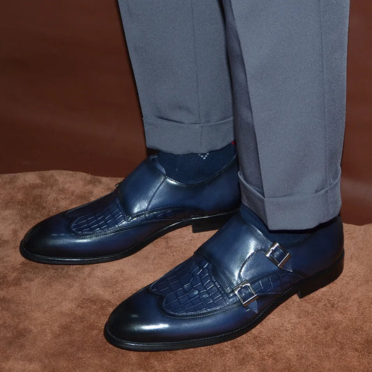 Classic Style Mens Double Buckle Monk Strap Dress Shoes Genuine Leather