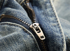 Men's Perforated Jeans 3D Inner Embroidery Zipper Bleached Slim Fit Pantyhose