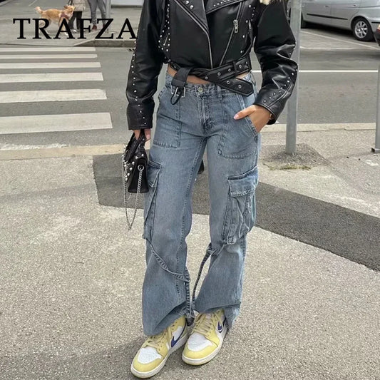 Spring Summer Streetwear Women Denim Pants Fashion Vintage Loose Pockets Pants