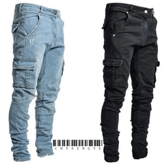 Jeans Men Black Cargo Pants Multi Pockets Denim Pantalones Blue Slim Fit
