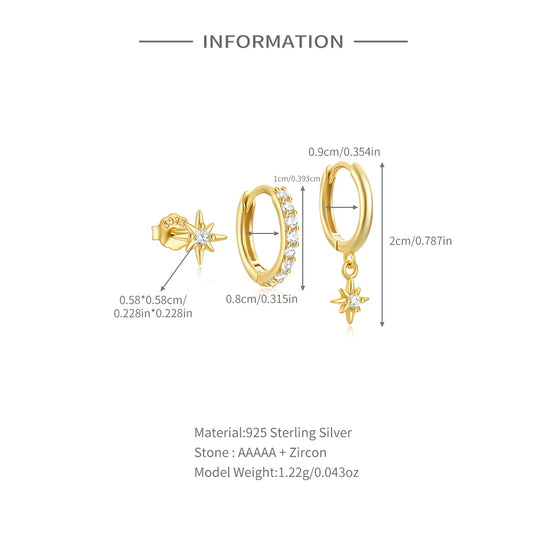 AIDE 925 Sterling Silver 3pcs 4pcs Set Zircon Stud Earrings 18k Gold Star Minimalism Huggies Earring Fine Jewelly Set Party Gift
