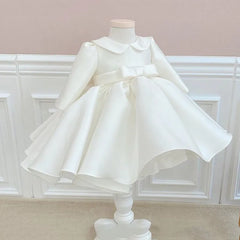 Baby Girl Princess Silk Peter Pan Collar Dress Long Sleeve Child Vintage Bow