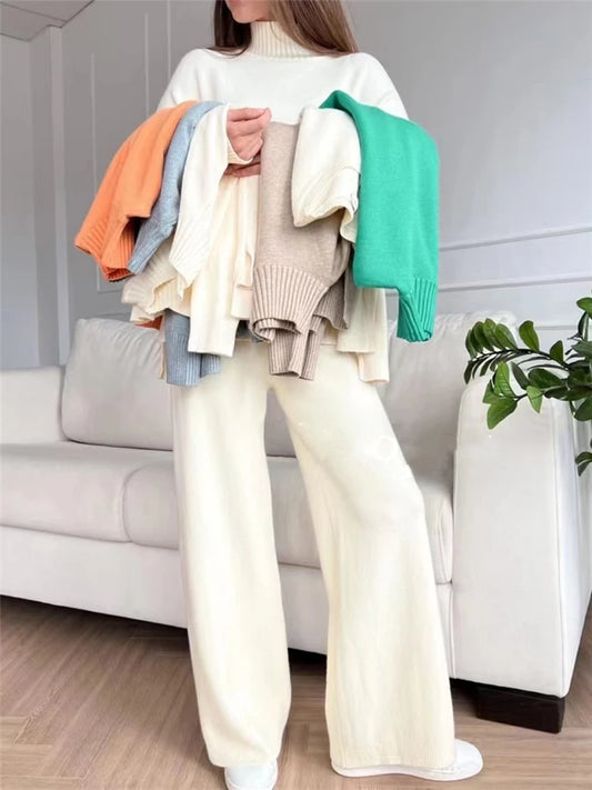 Autumn Winter 2 Pieces Women Sets Knitted Tracksuit Turtleneck Sweater