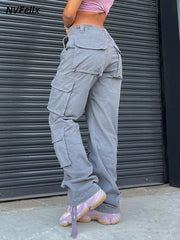 Summer Womens Vintage Grey Cargo Pants High Waist Wide Leg Jeans