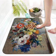 Retro floral oil painting printed area rug non-slip absorbent bathroom toilet entrance