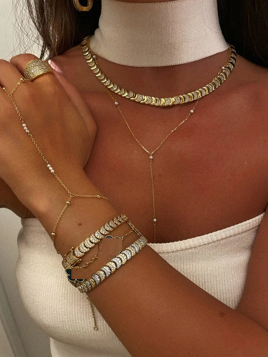 Gold Color Fashion Women Jewelry Set Geometric Shiny Plain Paved 5A CZ Moon Shaped Chain Choker Necklace Bracelet