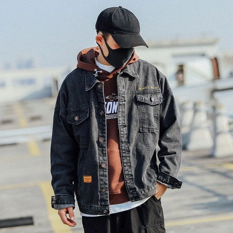 Men's Denim Jacket Blue Button Male Jean Coats with Embroidery Loose Big Size Worn