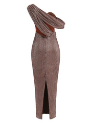 Evening Dresses: One Shoulder Draped Glitter Long Dress Women Brown