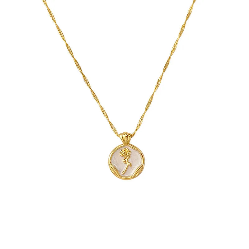 irregular Round shell metal Rose Pendant stainless steel necklace for women
