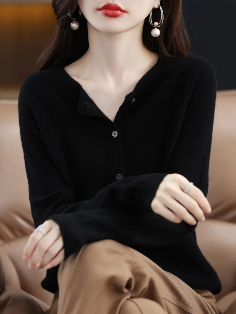 Long Sleeve 100% Merino Wool Sweaters Cashmere Cardigan Spring Autumn Women
