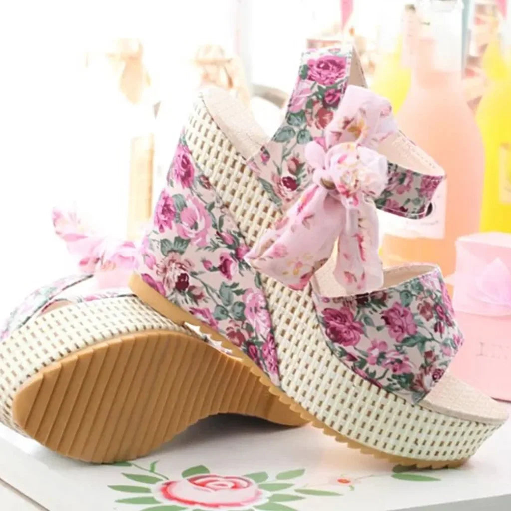 Heel Footwear Ladies Shoes Platform Floral Women's Lace-up Wedges Comfy