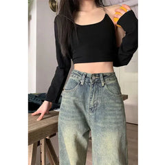 Baggy Straight Denim Trousers Female Y2K High Waist Loose Wide Leg Jeans