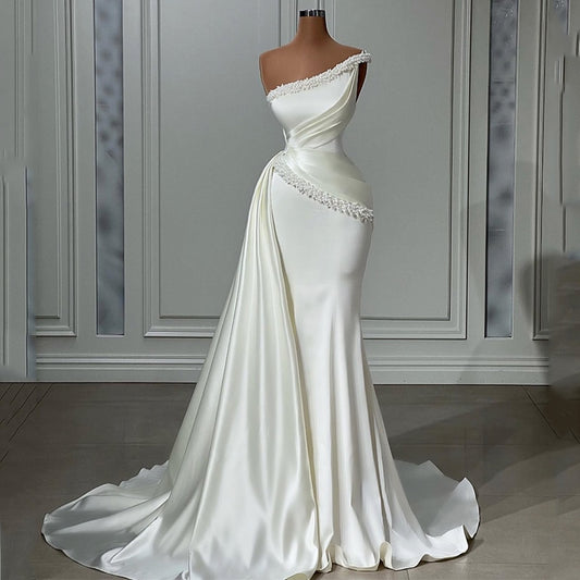 White Bridesmaid Dresses: Wedding Dresses One Shoulder Pearls Dress White Beach