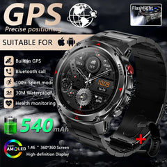 Outdoor Military Smart Watch Men Built-in GPS 1.46" AMOLED Compass Altimeter BT Call 3ATM Waterproof Clock LED Sports Smartwatch