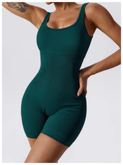 Women's Yoga Rompers One Piece Tummy Control Seamless Ribbed Jumpsuit Padded