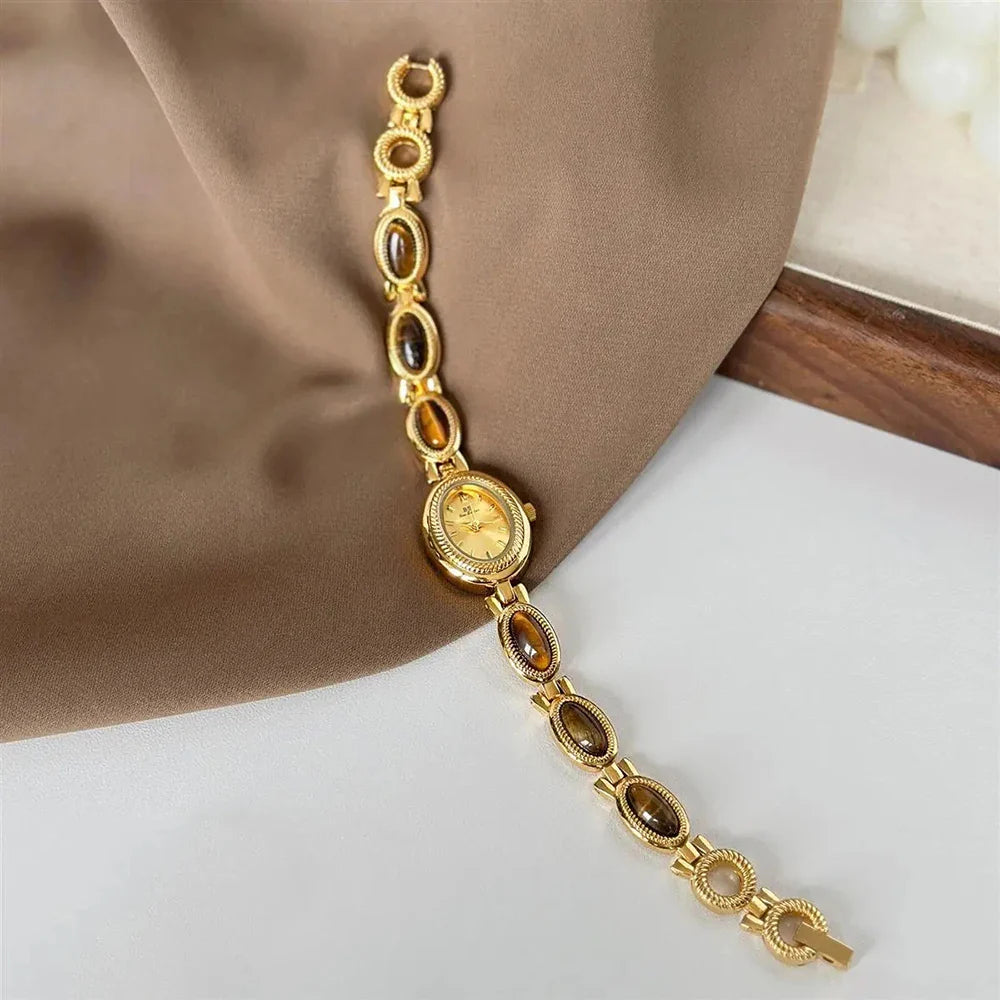Women's Gold Watch Vintage Brown Jade Bracelet Small Dial Quartz Daily Wear Party Clock Luxury Waterproof Ladies Watches Gifts