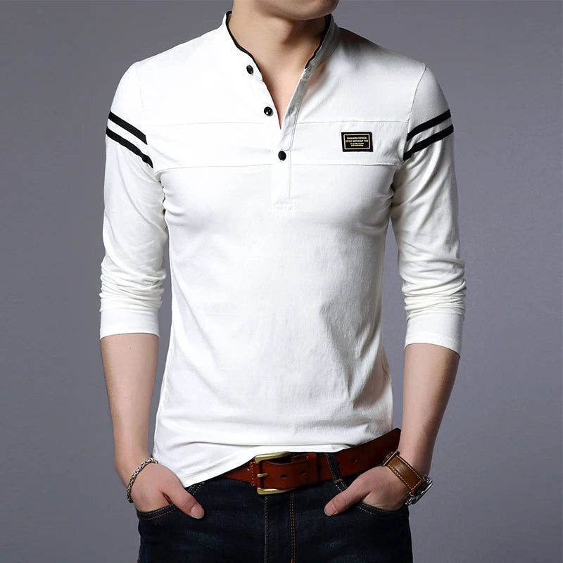 Men's Fashion Summer Long Sleeved POLO T-shirt Casual Cotton Breathable Top Stand Up Neck Long Sleeve Korean Comfortable Shirt