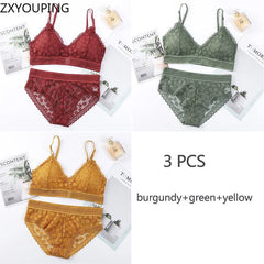 3 Piece Set Bra Lace Beauty Back Suit Underwear Gather Seamless