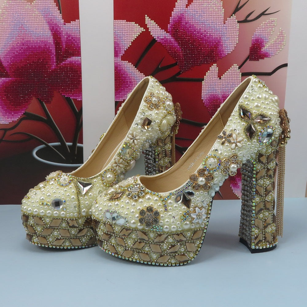 Matching Shoes and Bags: Gold Wedding Shoes and bag Set Woman 14cm High Pumps