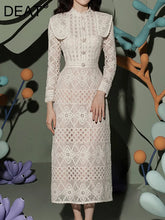 Formal attire Dresses: Women Hollow Out Dress Full Sleeves Patchwork Single Buttons