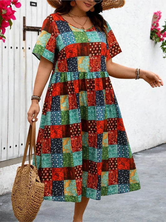 Plus Size Plaid Polka Dot Print Summer Dress Women Short Sleeve Casual