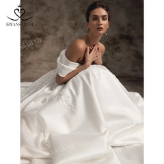 White Bridesmaid Dresses: Wedding Dress Satin Beading A-Line Court Train Princess