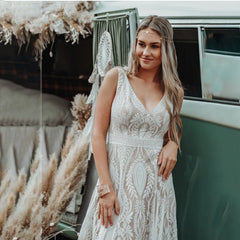 White Bridesmaid Dresses: Boho A Line Wedding Dress Hippie Lace Custom Made V Neck