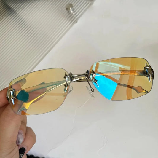 Y2K Vintage Rimless Square Sunglasses Women For Men Luxury Brand Designer Sun Glasses Punk Popular Hip Hop Rivet Star Shades UV