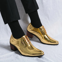 New 2024 Luxury Gold Men High Heel Leather Shoes Moccasins Designer Pointed