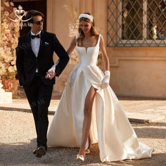 White Bridesmaid Dresses: Sleeveless A-Line Wedding Dress Square Collar