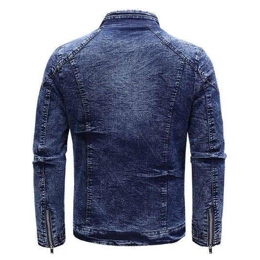 Motorcycle Denim Jacket Men Retro Zippers Stand Collar Denim Coats