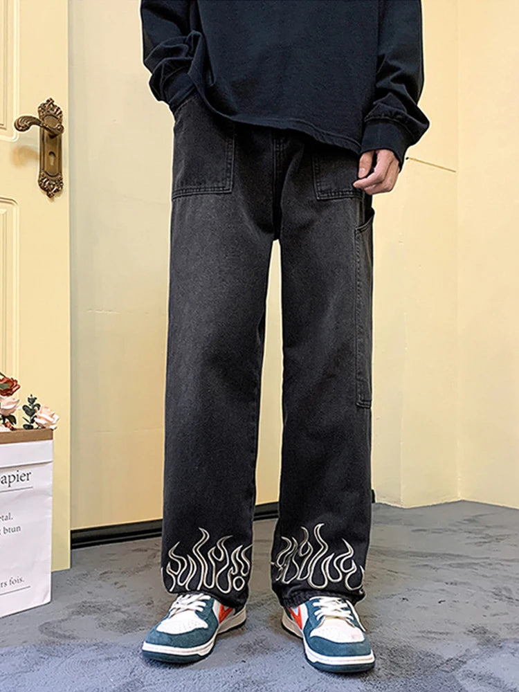Y2K Printed Jeans For Men Baggy Streetwear Wide Leg Denim Trousers