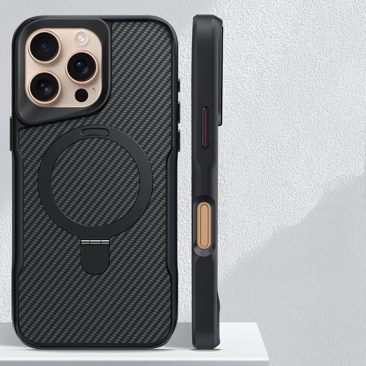 Desert Titanium metal holder carbon fibre magnetic phone case for iPhone 17 16E 15 Pro Max magsafe charging armor hard case