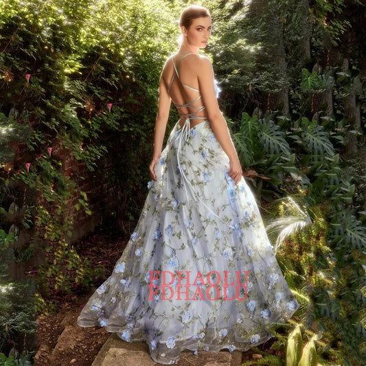 Homecoming Dresses: 3D Flower Strap A-line Prom Gown Side Slit Prom Dress