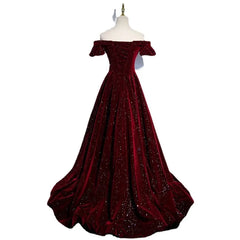 Evening wear Dresses: One-shoulder Wine Red Velvet Evening Dress
