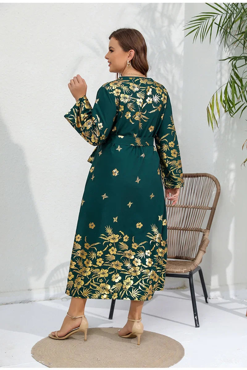 Loose Size Dress with Gold Stamped Print Long Sleeves and Fat mm Long Skirt plus size
