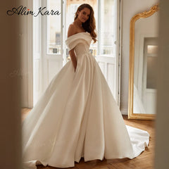 White Bridesmaid Dresses: Wedding Dress Satin Open Back A-Line Court Train