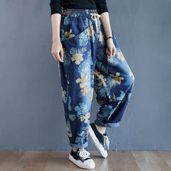 Oversized Women High Waist Floral Print Harem Jeans Woman Spring Autumn Casual
