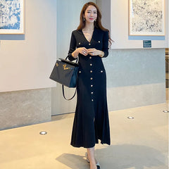 Vintage Korean Maxi Dresses for Women Party Long Sleeve V-neck Mermaid Dress