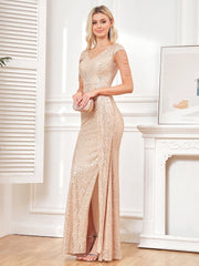 Homecoming Dresses: V-Neck Sequins Evening Dress Luxury Slit Beading Formal Maxi