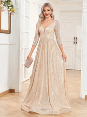 Homecoming Dresses: V Neck Long Sleeves Blue Sequins Formal Evening Dress