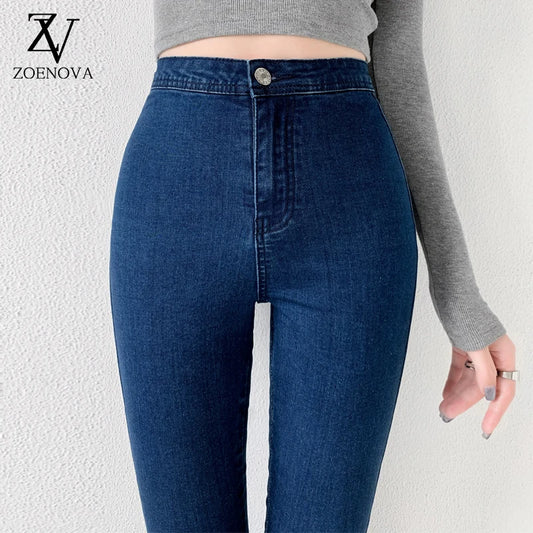 Classic Blue Jeans Women High Waisted Super Elastic Y2k Aesthetic Fashion Capri